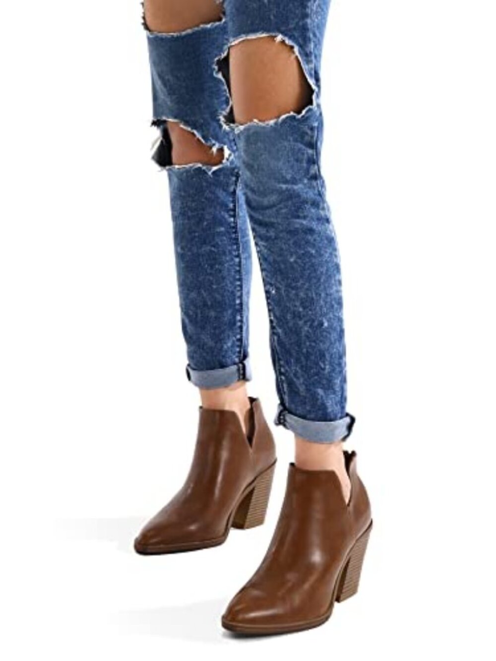 mysoft Women's Ankle Boots Cutout Stacked Chunky Heel Booties with Back Zipper